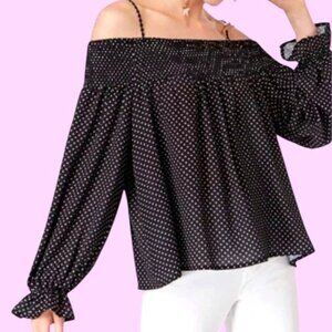 ULTRA FLIRT Black Smocked Cold-Shoulder Top with  White Dots